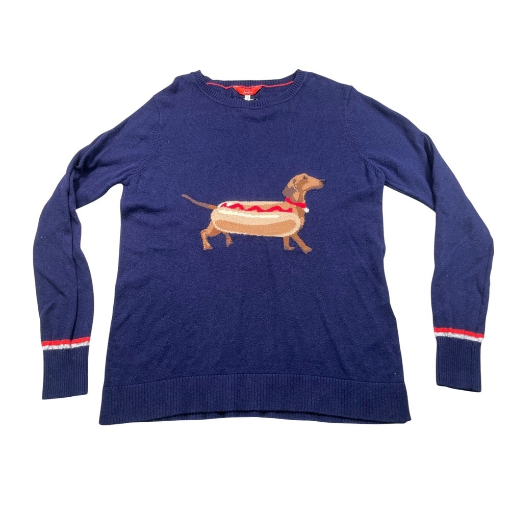Joules Womens 4 Navy Dachshund Hot Dog Novelty Sweater Dog Intarsia Knit